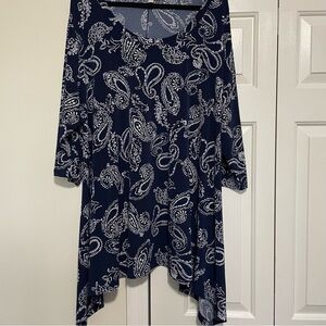 Woman Within Navy and White Paisley Asymmetrical Tunic 3/4 Sleeve Size 3X